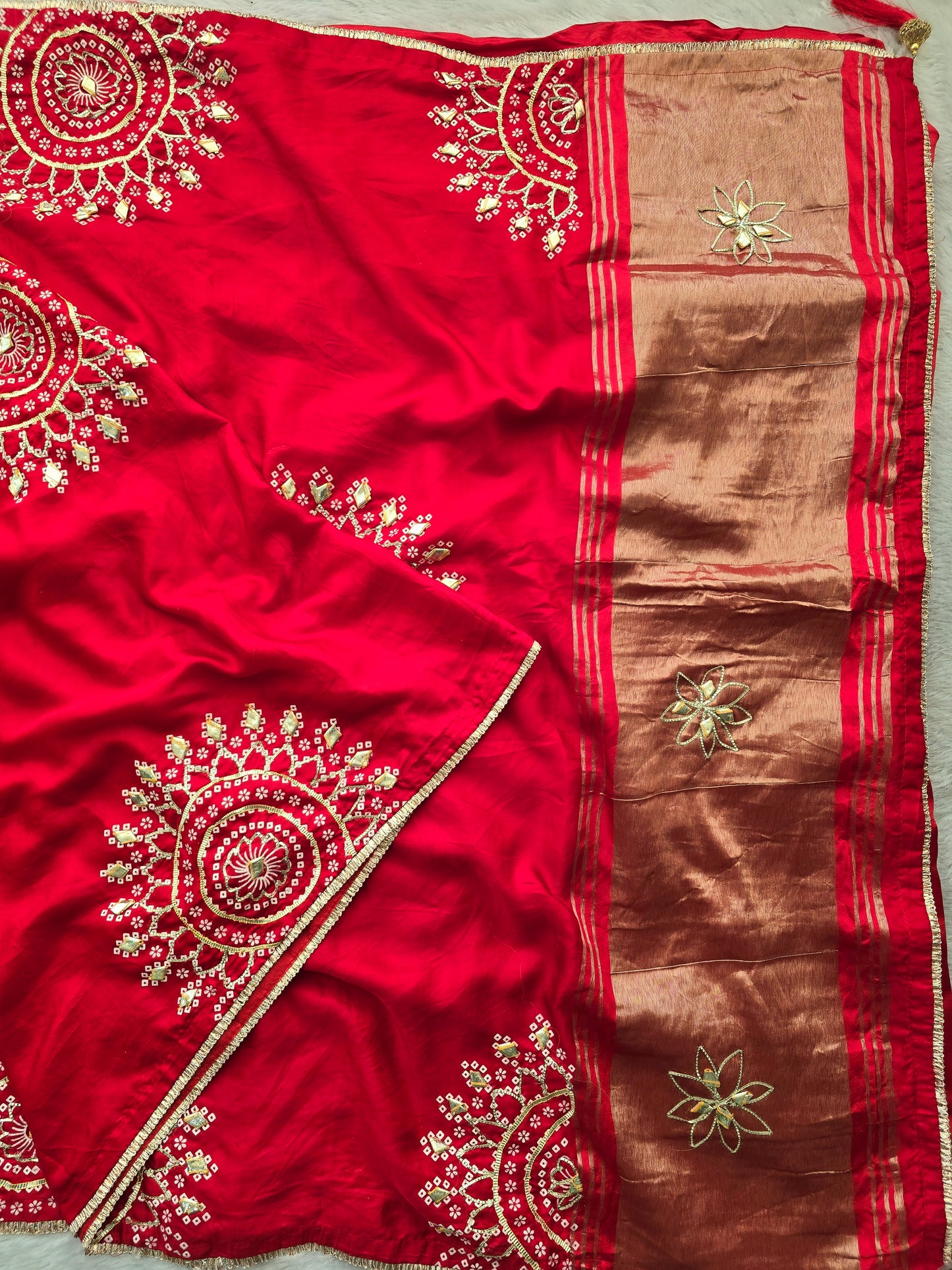 Red Crushed Georgette Saree with Vertical Sequin Wave Embroidery