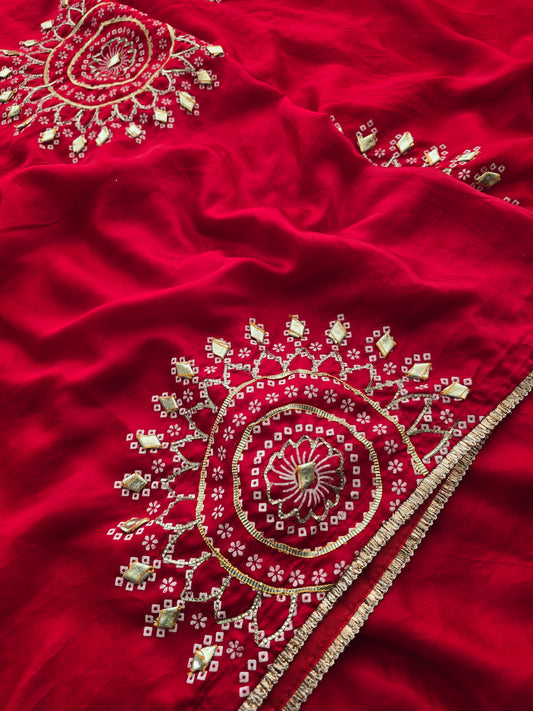 Red Crushed Georgette Saree with Vertical Sequin Wave Embroidery