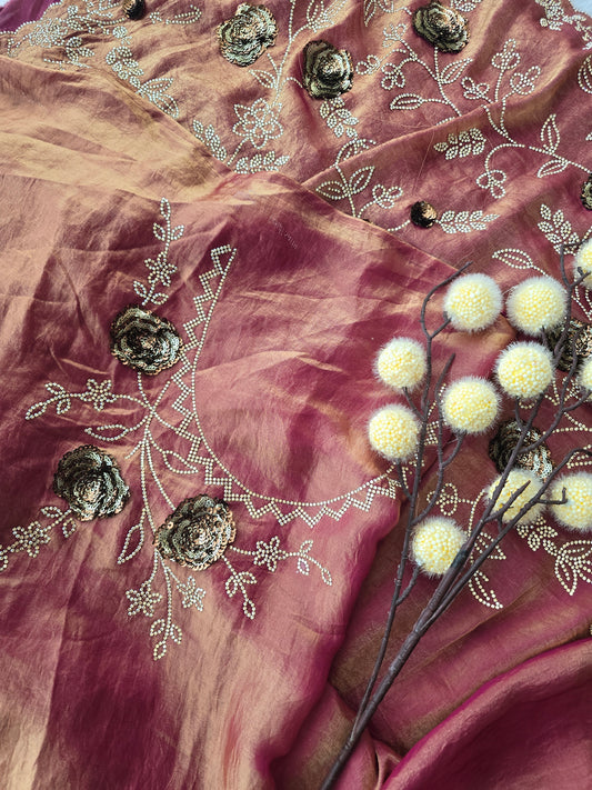 Rose Gold Crushed Georgette Saree with Sequin Wave (Leheriya) Embroidery.