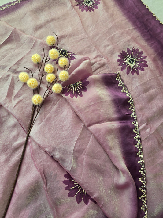 Mauve & Purple Dual-Tone Chiffon Saree with Floral Stone Work and Scalloped Border