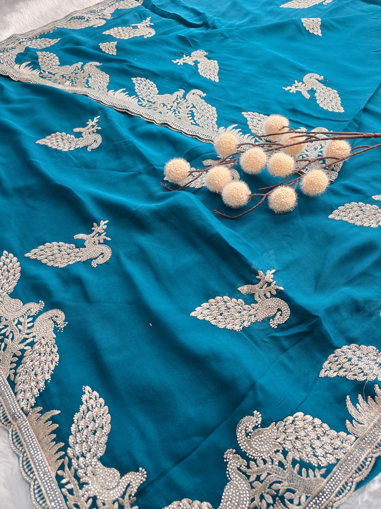 Teal Blue Georgette Saree with Silver Zari