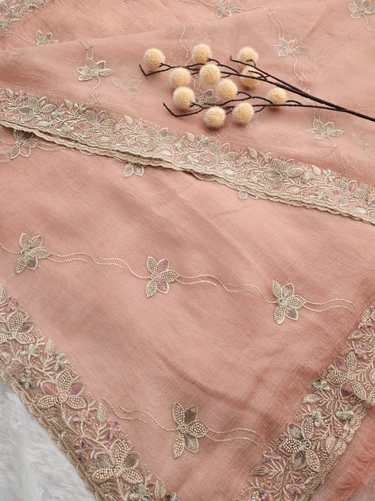 Peach Chiffon-Organza Saree with Intricate Floral Beadwork