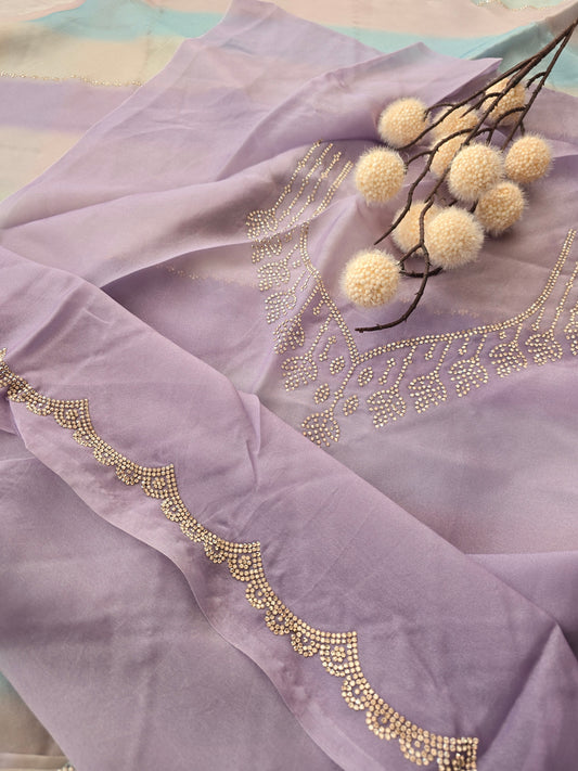 Multi-Color Organza Saree with Golden Sequin Leheriya Lines