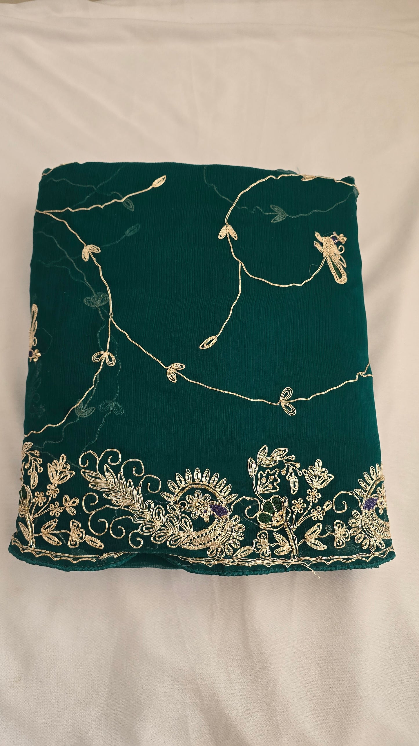 Emerald Green Embroidered Chiffon Saree