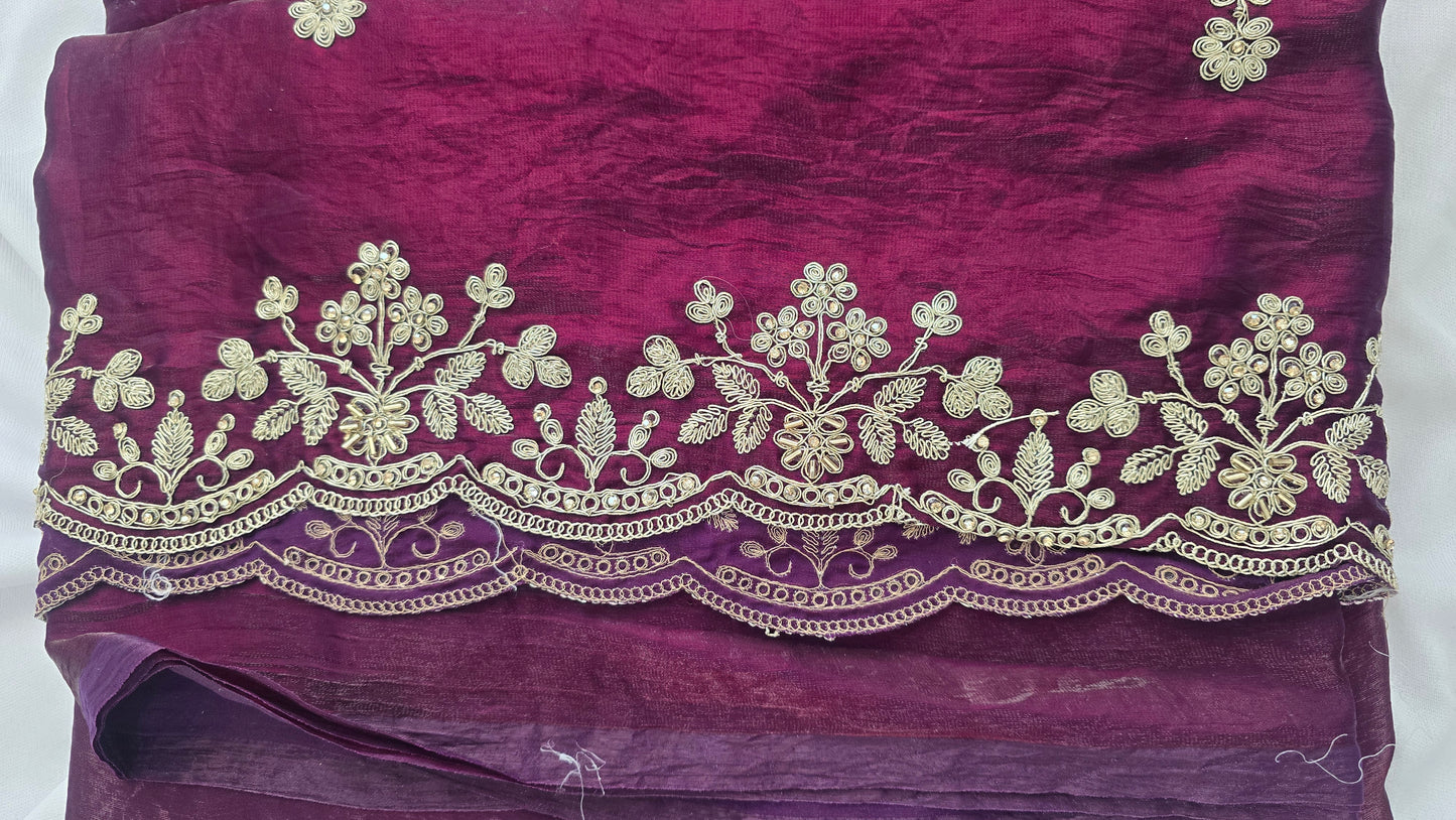Wine Purple Embroidered Velvet Saree