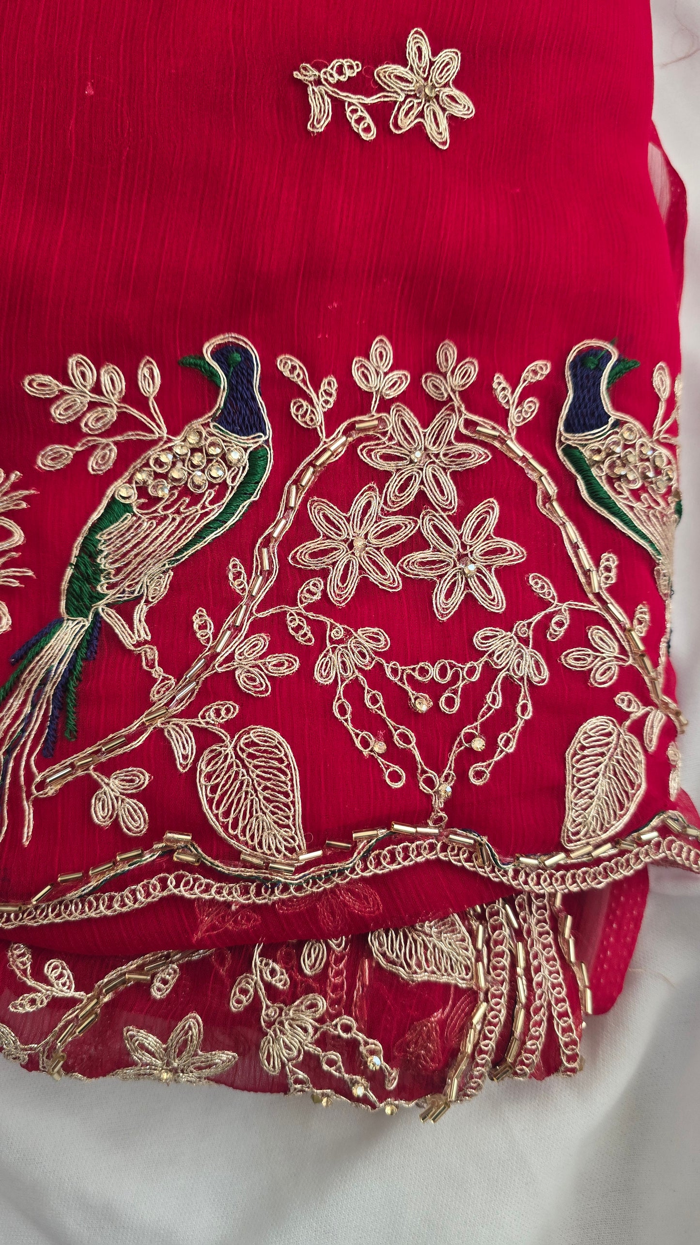 Crimson Red Peacock Embroidered Chiffon Saree
