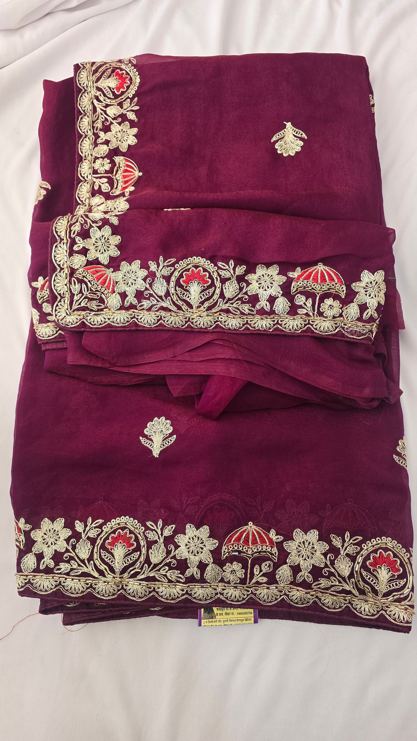 Wine Maroon Embroidered Chiffon Saree
