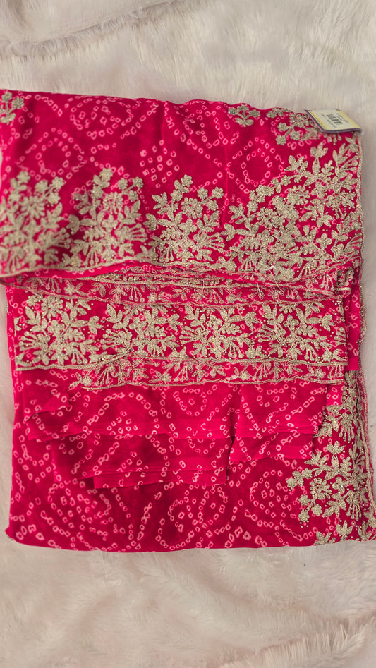 Pink Bandhej Saree with Heavy Golden Floral Embroidery Border