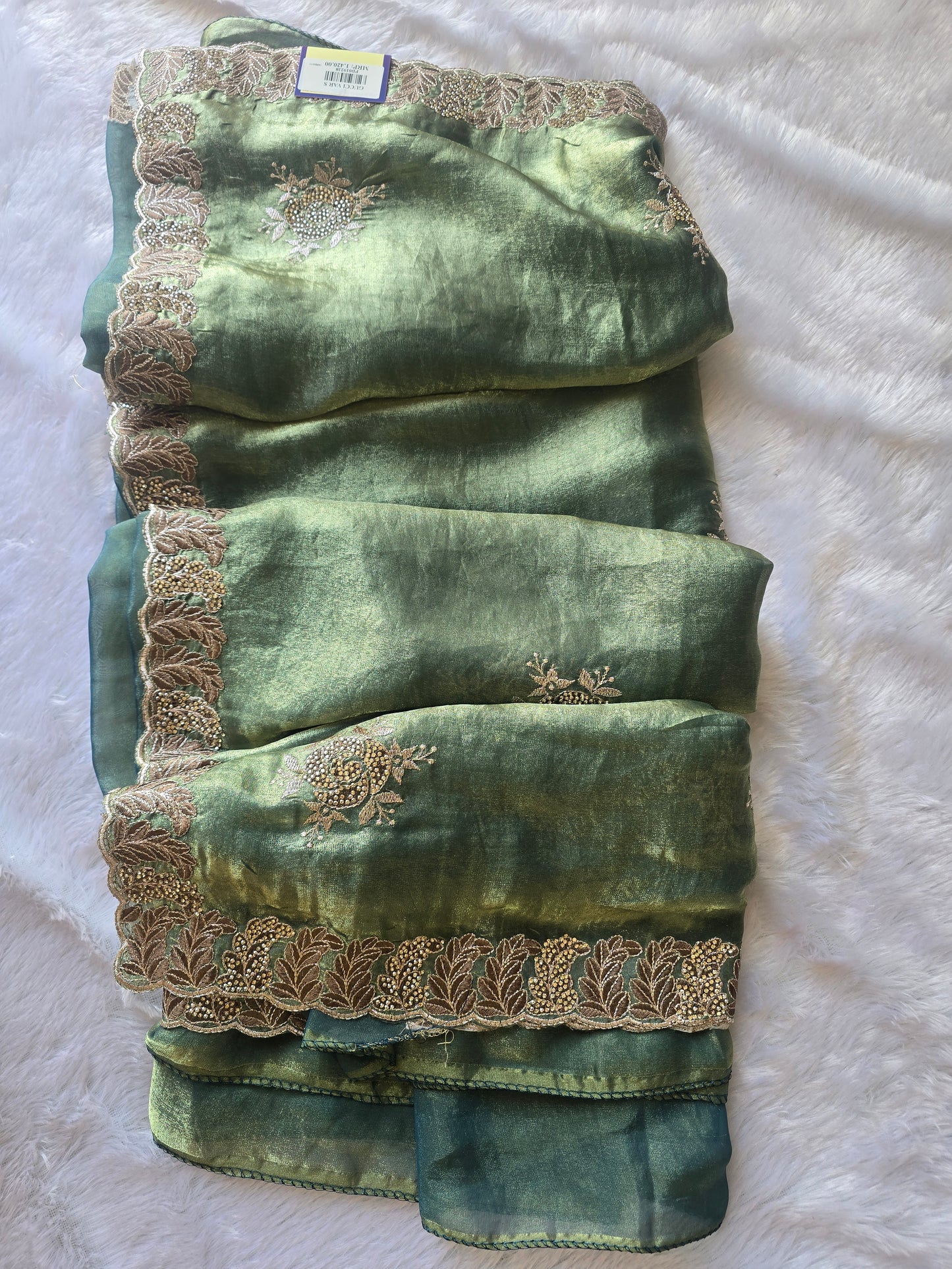 Olive Green Silk Blend Saree with Heavy Zari Embroidered Leaf Border