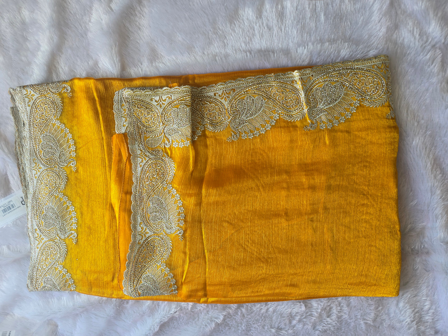 Yellow Silk Blend Saree with Heavy Golden Peacock Zari Border