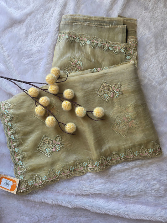 Pista Green Silk Embroidered Saree