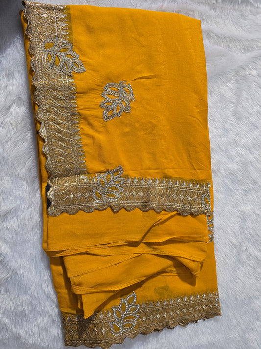 Mustard Yellow Silk Blend Saree with Zari & Stone Work Border