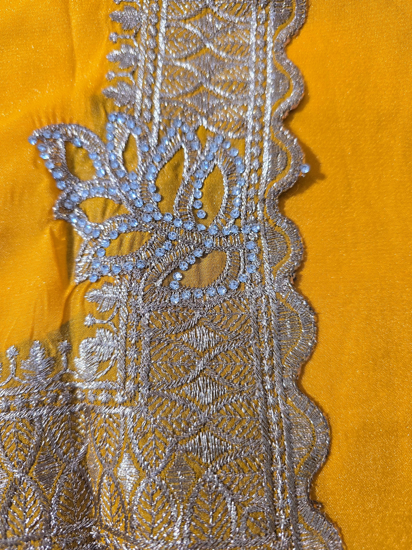 Mustard Yellow Silk Blend Saree with Zari & Stone Work Border
