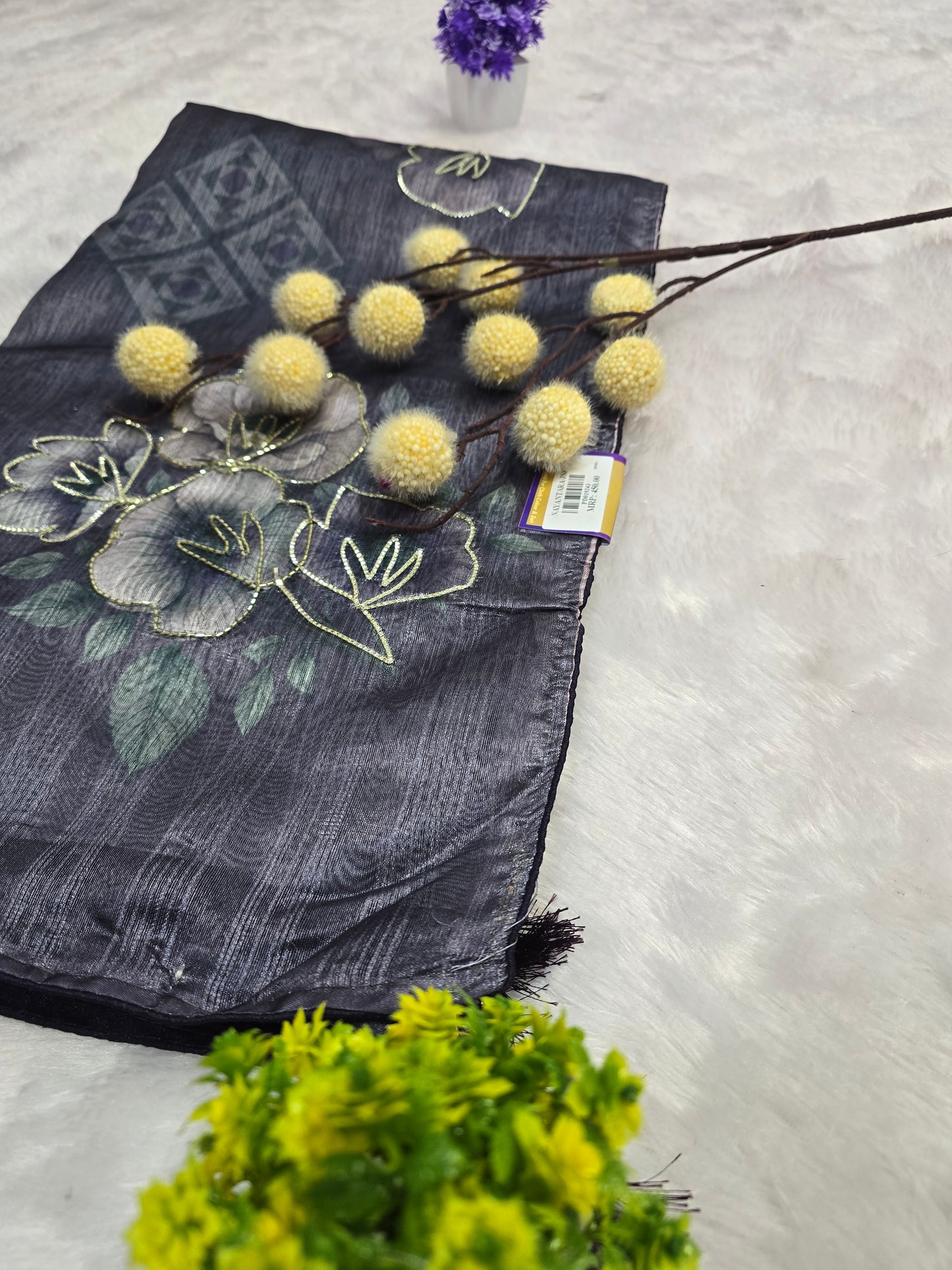 Grey Floral Handcrafted Saree