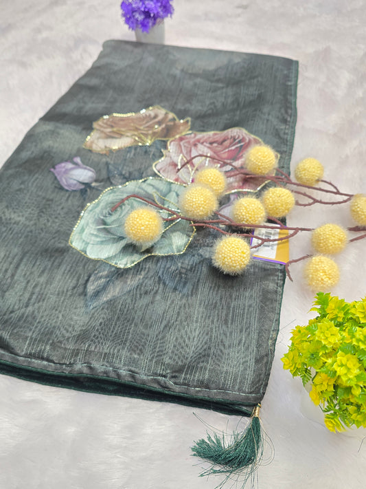 Green Floral Handcrafted Saree
