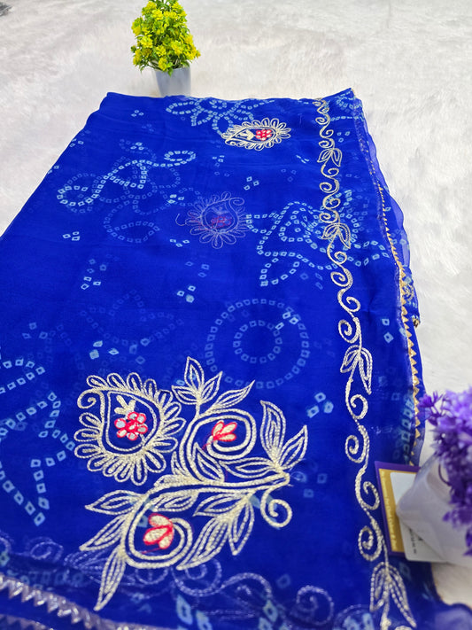Royal Blue Bandhani Embroidered Saree