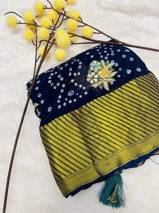 Navy Blue Georgette Bandhani Saree with Floral Sequin Buti