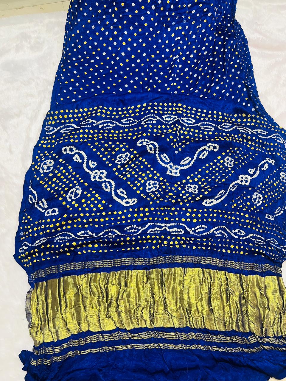 Royal Blue Bandhani Art Silk Saree with Yellow-White Tie-Dye & Golden Zari Border