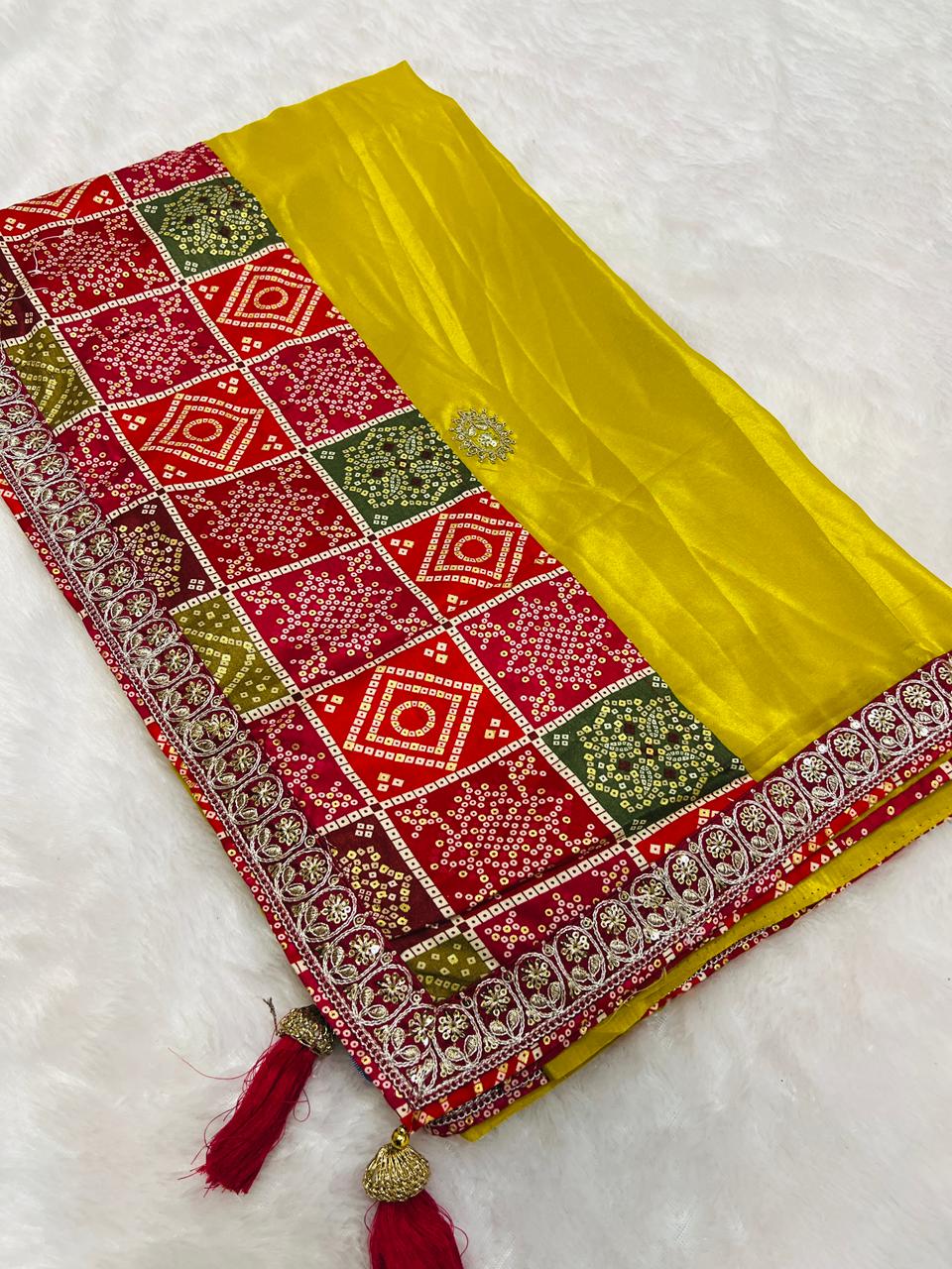 Bandhani Gaji Silk Dupatta with Embroidery & Tassels