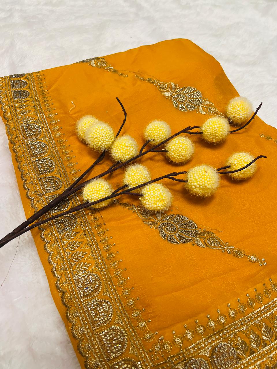 Yellow Zari Embroidered Traditional Saree