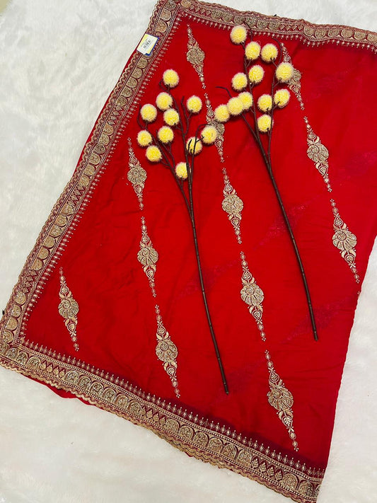 Red Zari Embroidered Traditional Saree