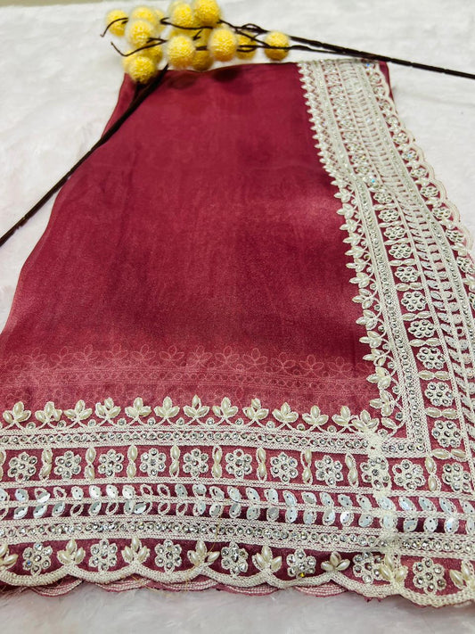 Red Lace Embroidered Border Saree