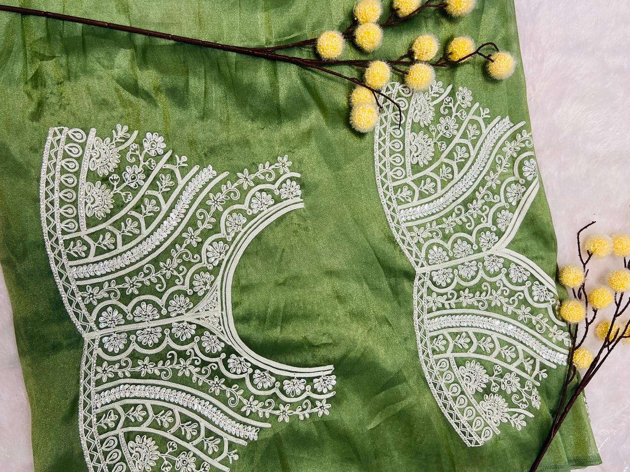 Green Lace Embroidered Border Saree