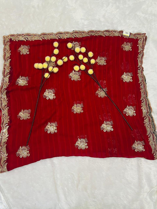 Red Heavy Zari Embroidered Festive Saree