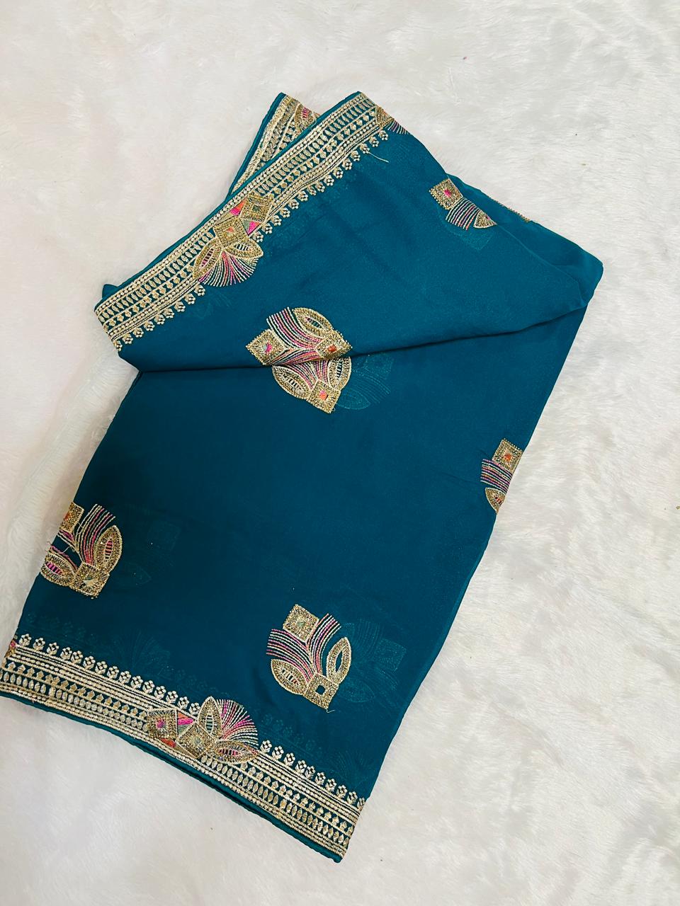 Blue Peacock Feather Embroidered Saree
