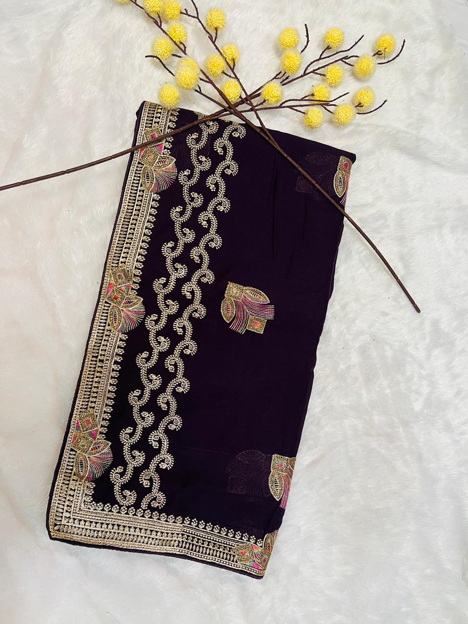 Purple Peacock Feather Embroidered Saree