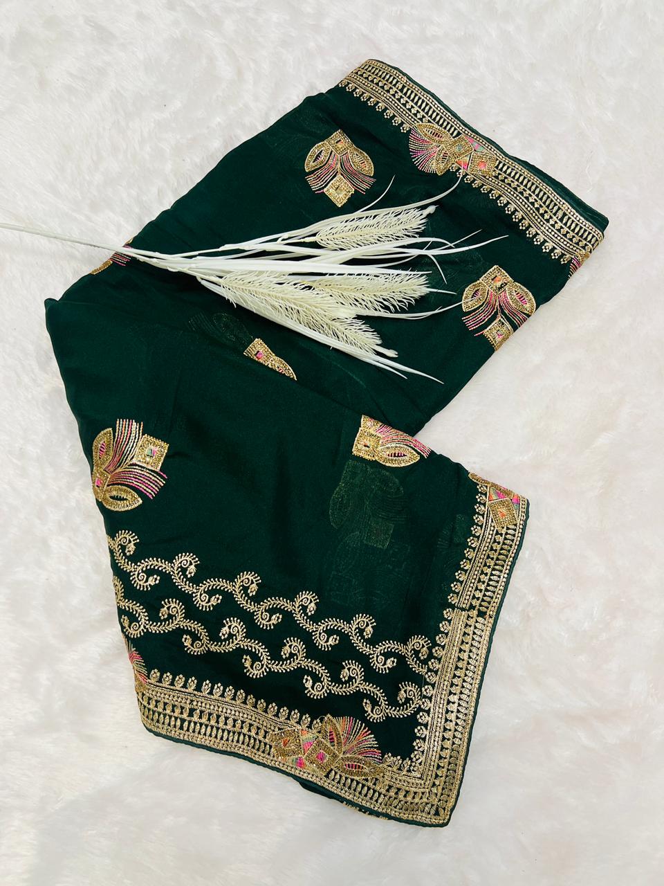 Green Peacock Feather Embroidered Saree