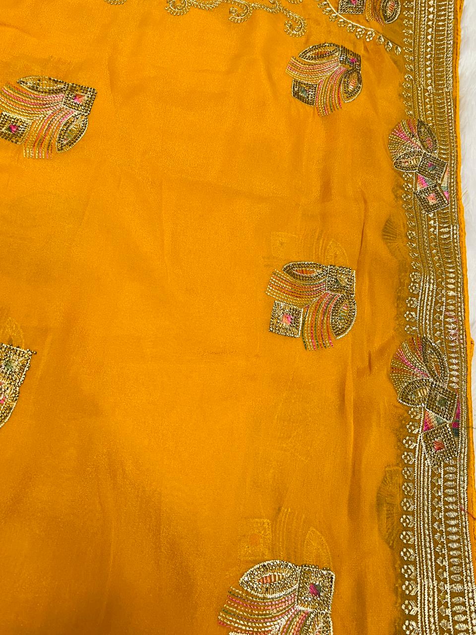 Yellow Peacock Feather Embroidered Saree