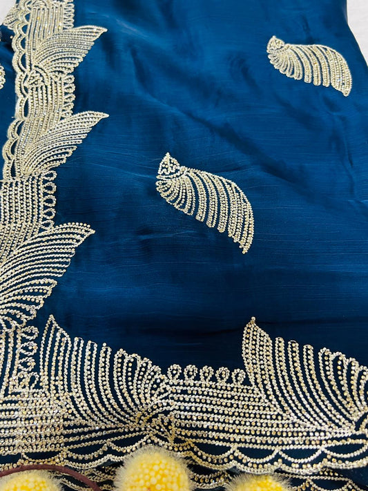 Blue Heavy Embroidered Peacock Motif Saree