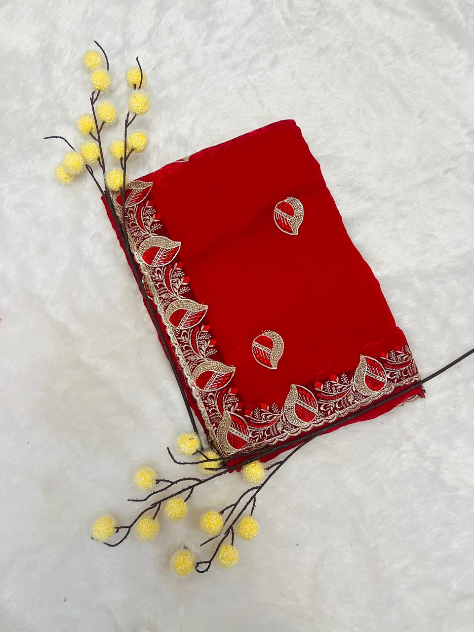 Red Leaf Motif Embroidered Saree