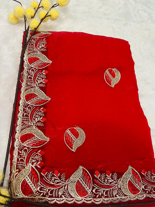 Red Leaf Motif Embroidered Saree