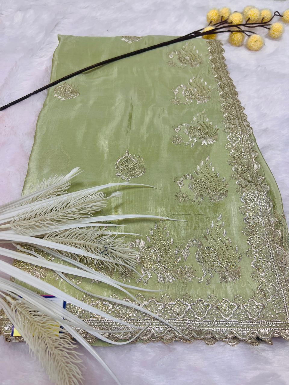 Green Peacock Embroidered Soft Silk Saree