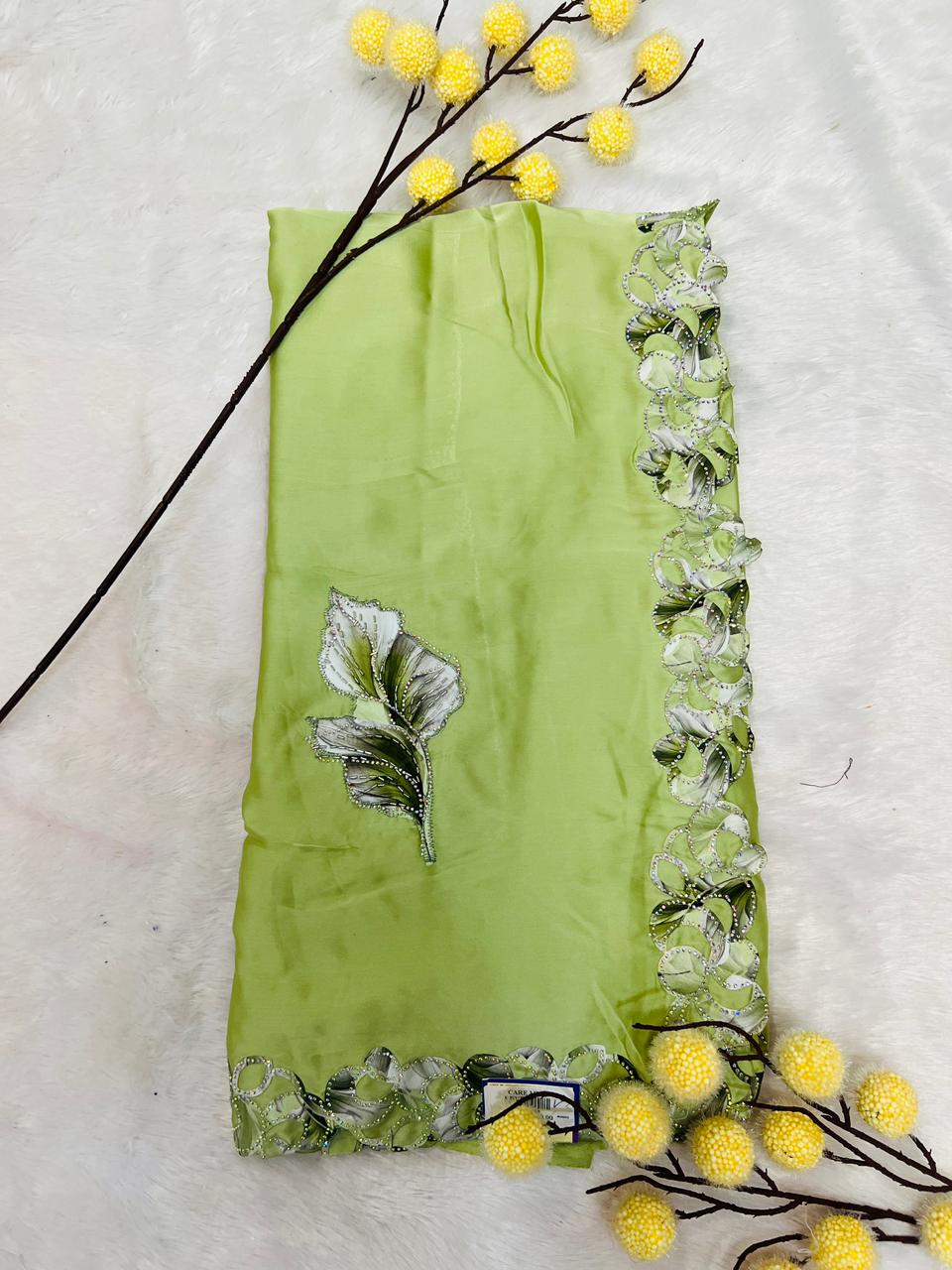 Green Leaf Applique Soft Organza Saree