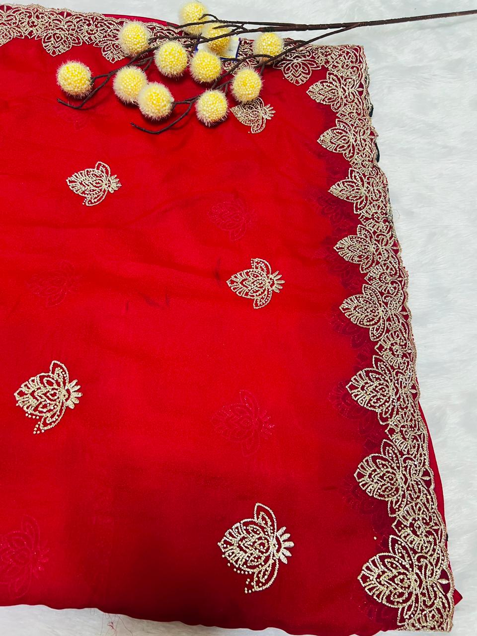 Red Lotus Motif Embroidered Saree