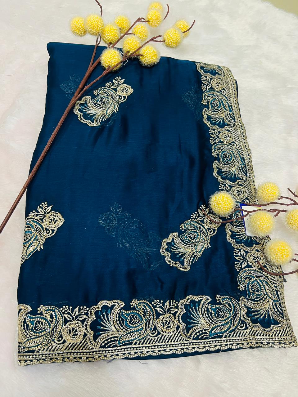 Blue Zari Embroidered Soft Silk Saree