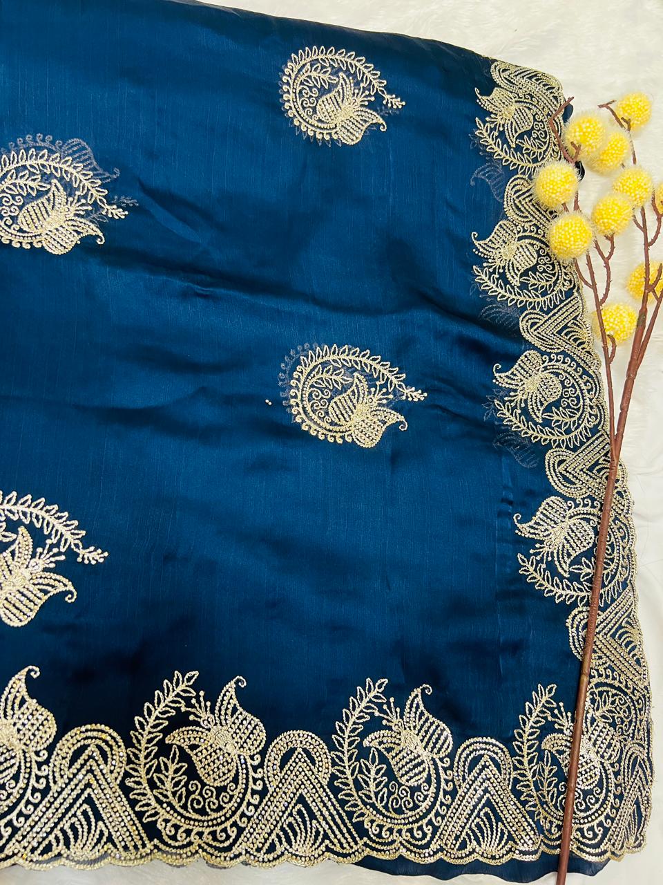 Blue Paisley Zari Embroidered Silk Saree