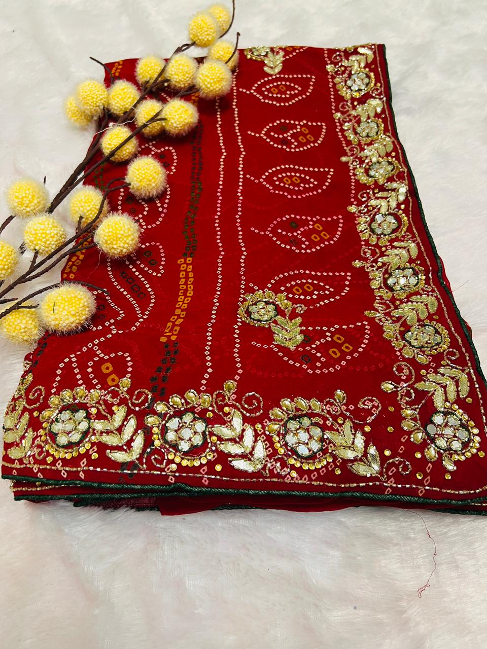Chunadi Bandhej Saree with Stone Border