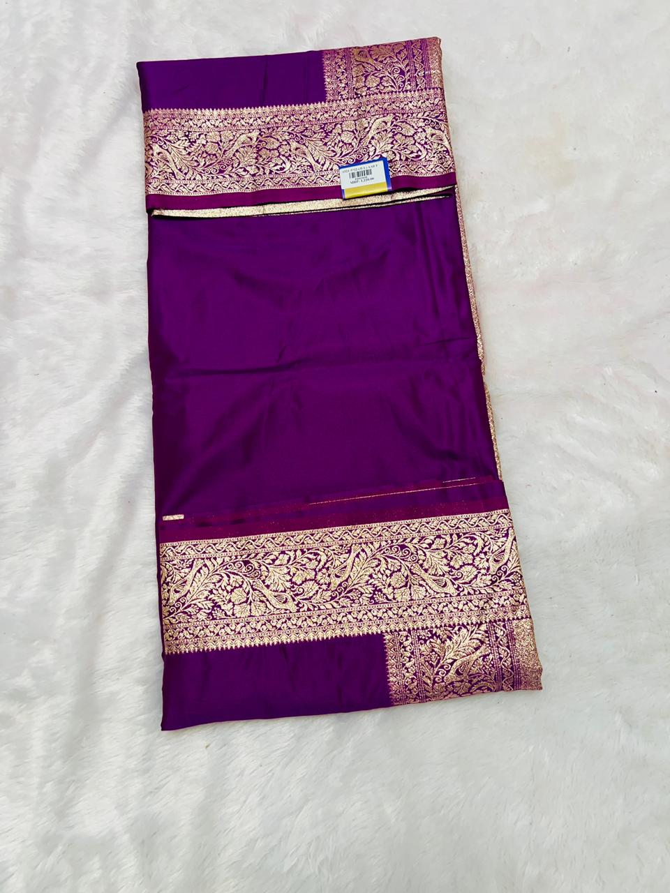 Purple Banarasi Silk Blend Saree with Heavy Golden Zari Jaal Weaving and Floral Vine Border