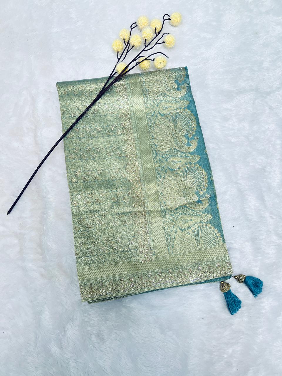 Sea Green Banarasi Silk Saree with Gold Zari Booti Weaving