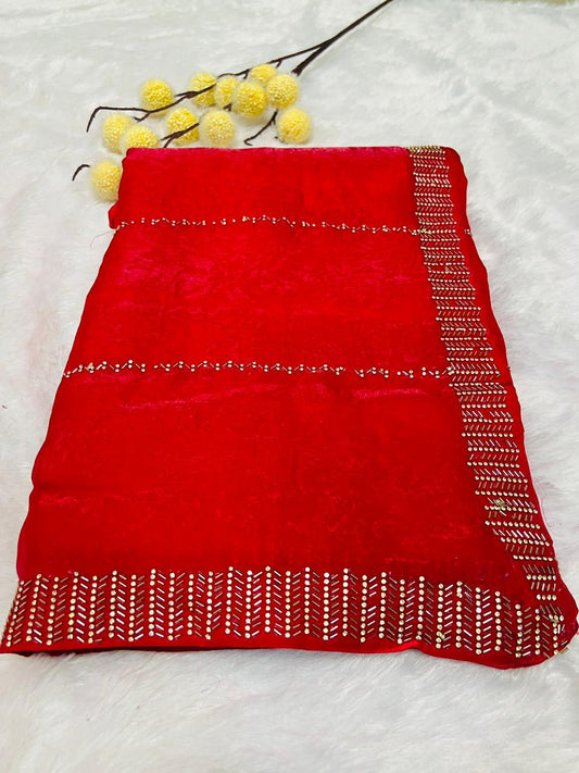 Red Silk Saree with Minimal Sequence Stripe Work
