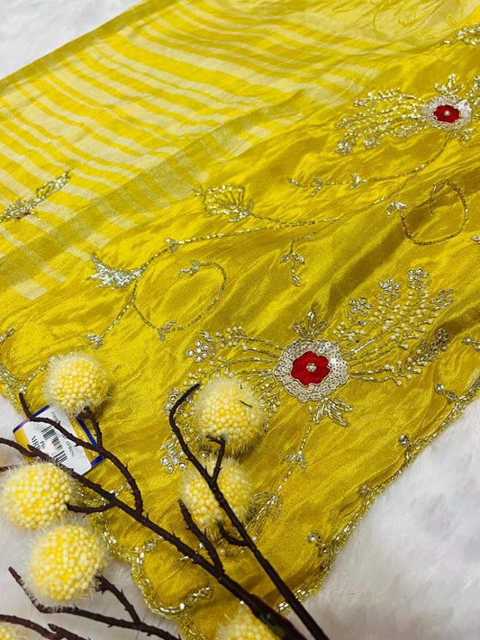 Yellow Embroidered Partywear Silk Saree