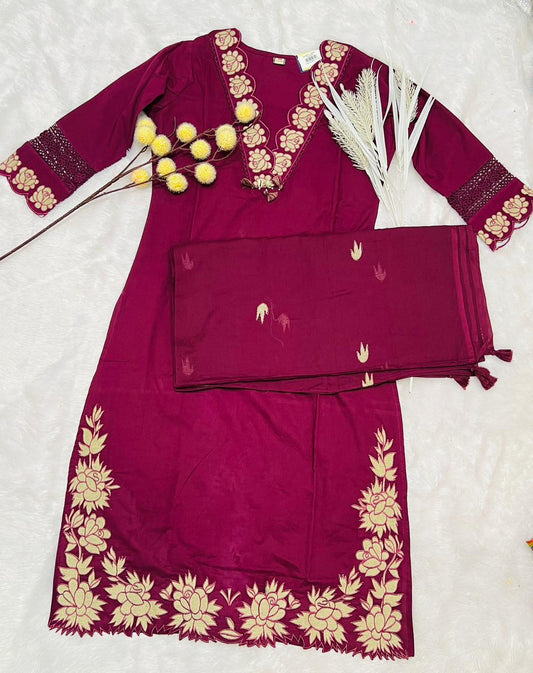 Embroidered Maroon Cotton Suit with Floral Detailing