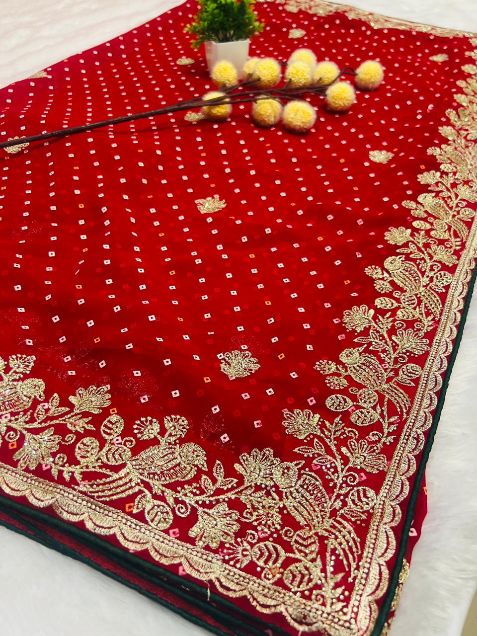 Red Bandhani Style Embroidered Saree
