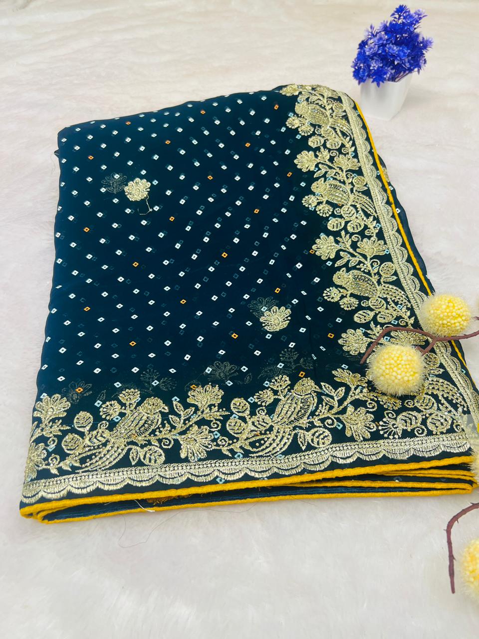 Blue Bandhani Style Embroidered Saree