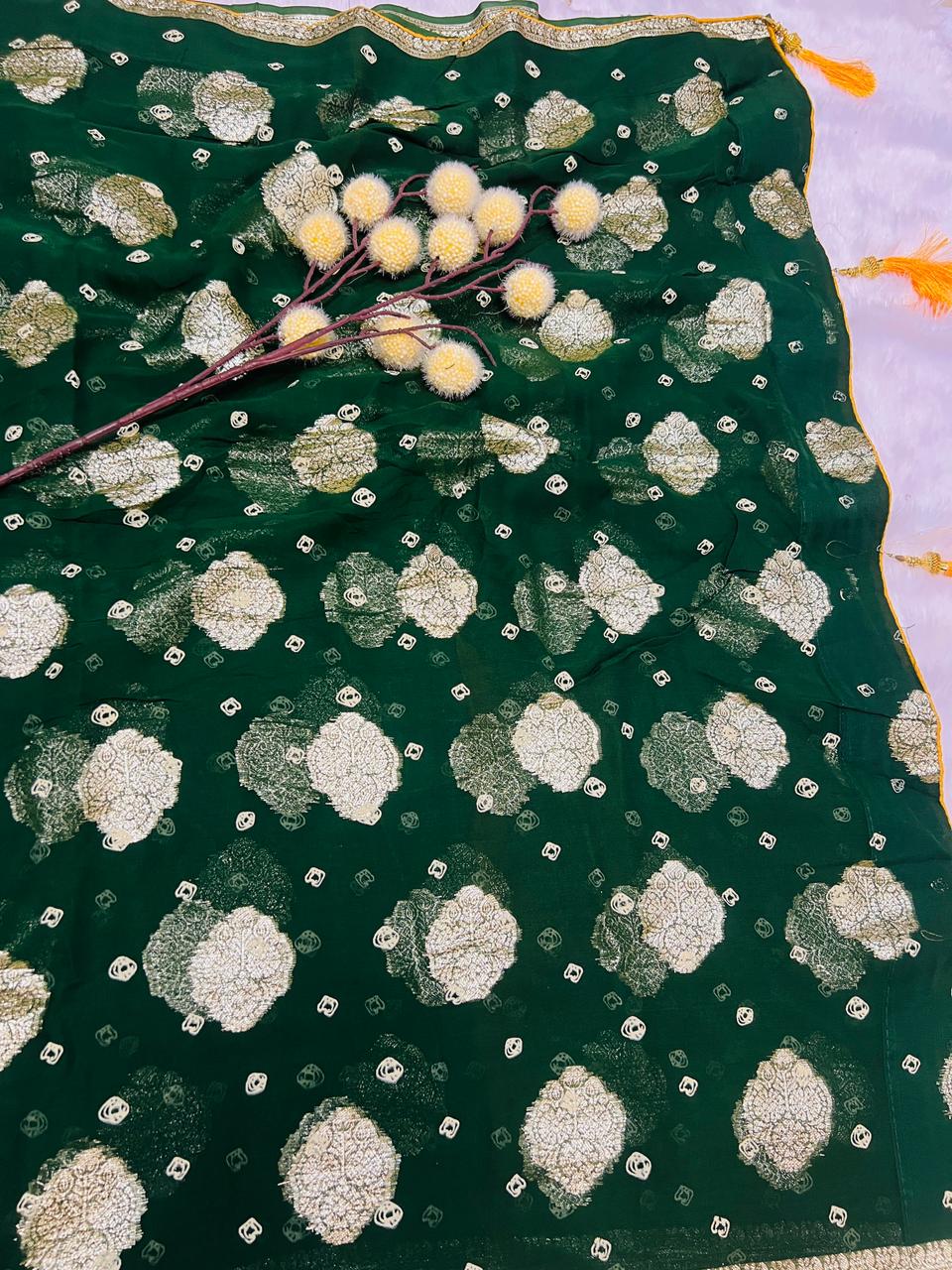 Bottle Green Georgette Bandhani Saree with Golden Zari Border