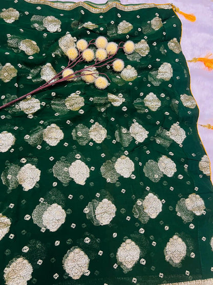 Bottle Green Georgette Bandhani Saree with Golden Zari Border